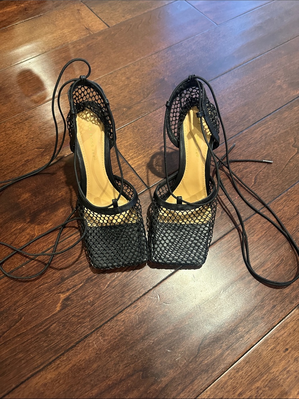 Black Mesh Lace-Up Square-Toe Heels